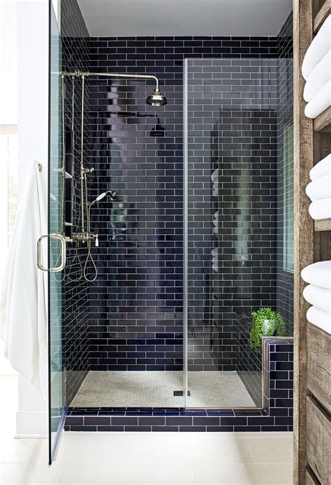 navy blue subway tile shower